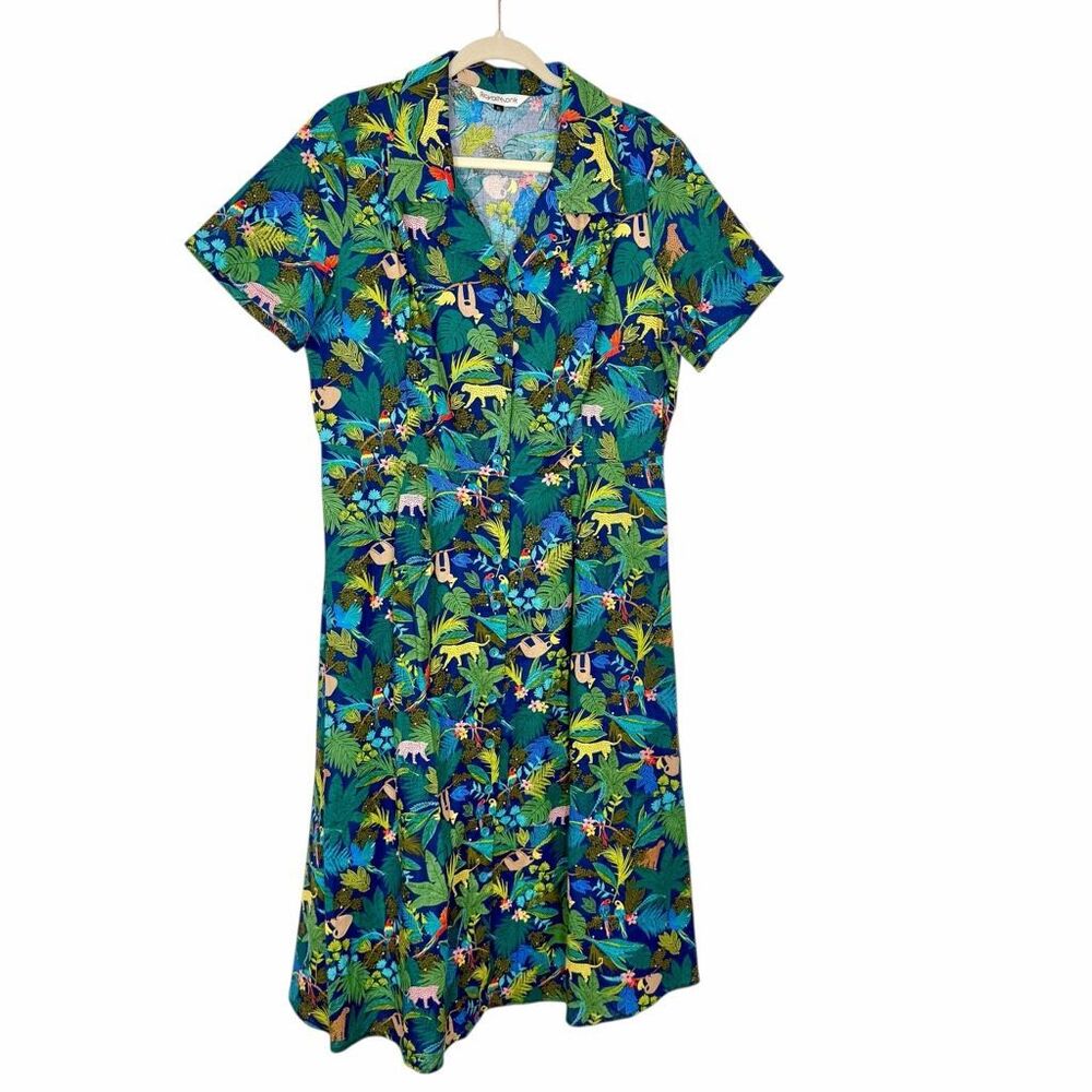 Royal Monk Shirt Dress Womens XL Green Blue Tropical Jungle Print Button Up Midi